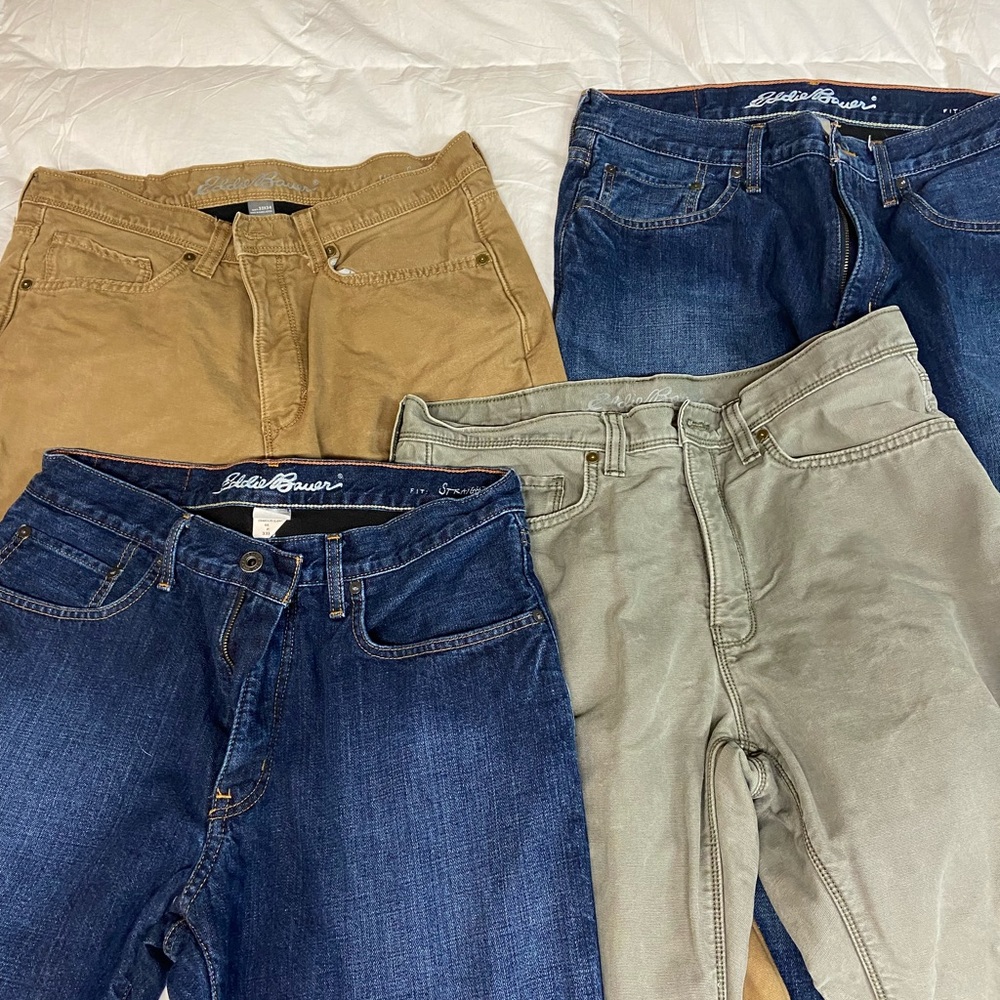 Four pairs lined Eddie Bauer guide pants 33/34